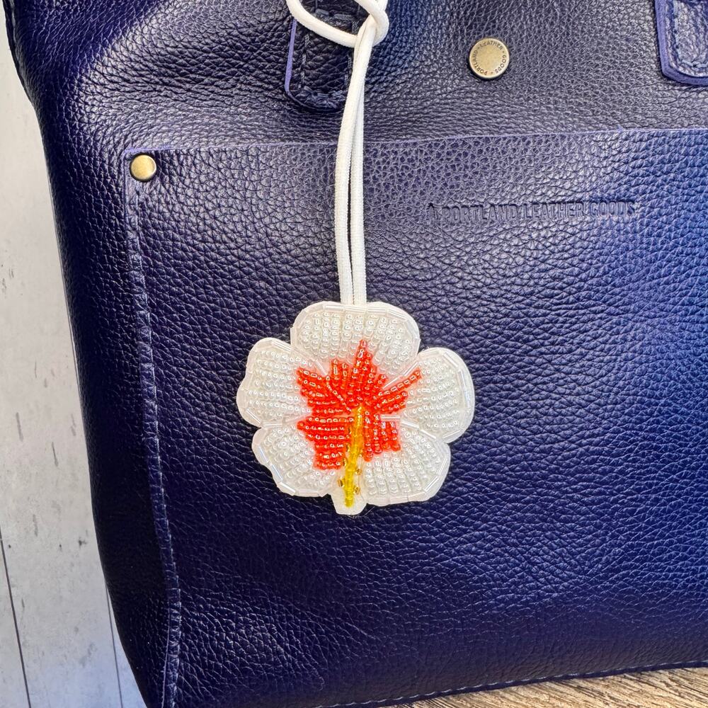 White Hibiscus Flower Charm Spring Flowers Tropical  Purse Charm Beaded Charm
